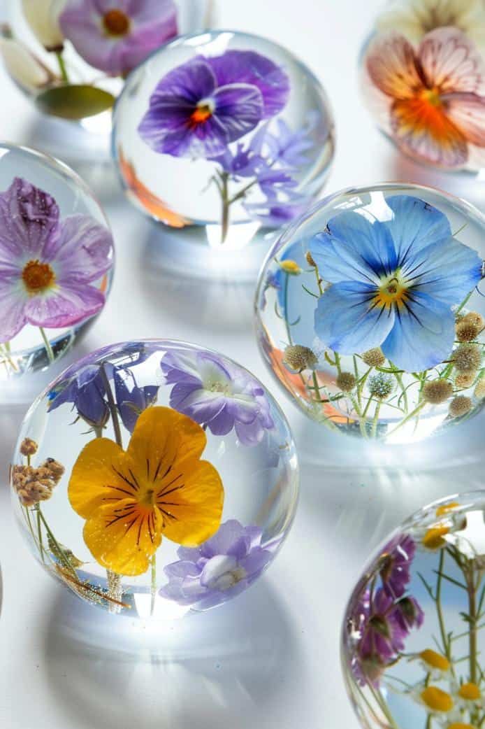 Craft glass paperweights by embedding pressed flowers within, creating art pieces that serve a practical purpose.