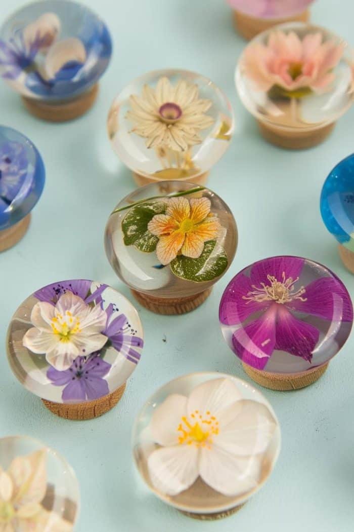 Produce drawer knobs by casting pressed flowers in resin, creating custom hardware that brings a floral flourish to furniture.