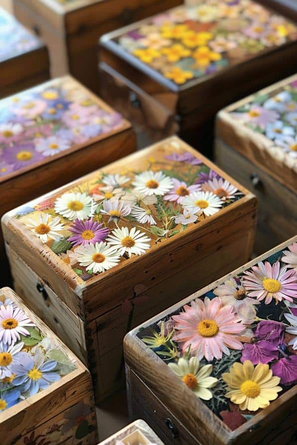 Decorate the lids of wooden boxes with a mosaic of pressed flowers, sealing them under a clear varnish.