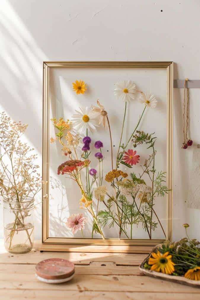 Arrange pressed flowers between two panes of glass within a frame to create transparent artwork.