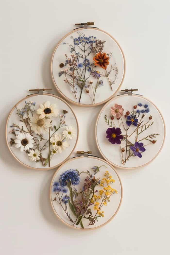 Create wall hangings by arranging pressed flowers on a canvas or within embroidery hoops.