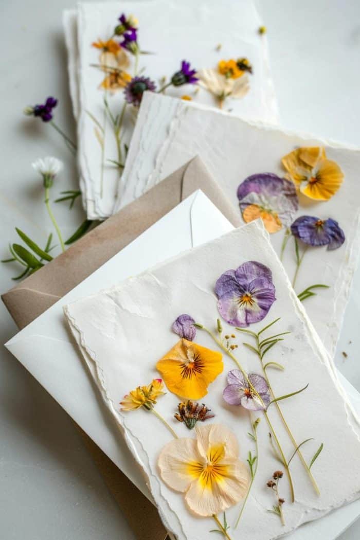 Design stationery by affixing pressed flowers onto high-quality paper, providing an elegant backdrop for correspondence.