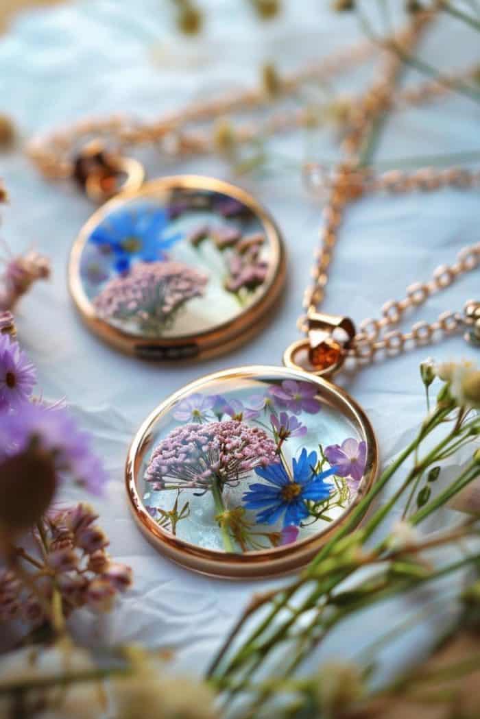 Craft jewelry by setting pressed flowers in resin pendants or sealing them behind glass lockets.