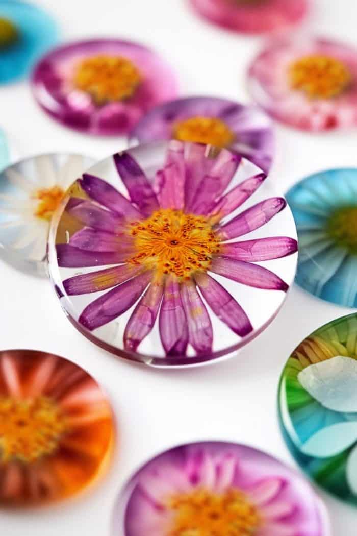 Turn small pressed flowers into decorative magnets by sealing them behind tiny glass cabochons.