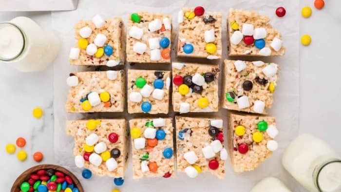 These Rice Krispies Treats are made even better with the addition of the beloved classic M&Ms
