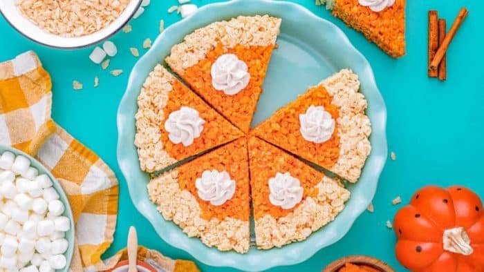 rice krispie in a pizza cut made from fresh pumpkin, pumpkin spice, cinnamon, and maple syrup to the recipe to give it that sweet pumpkin pie taste