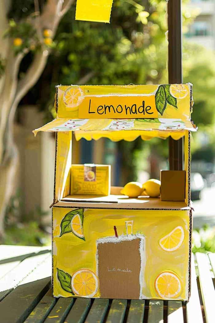 Transform a cardboard box into a lemonade stand by painting it yellow and drawing lemons and a "Lemonade" sign. Complete the look with details like an awning.