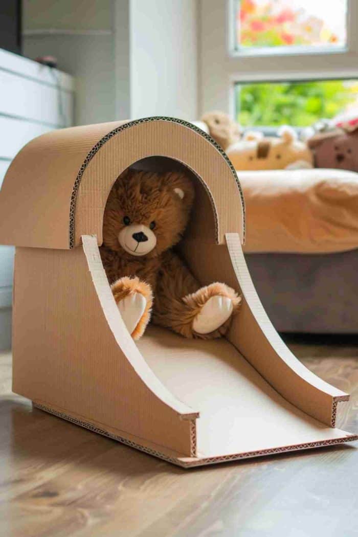Fashion a small, safe slide for plush toys from a bent piece of cardboard. Ensure the slope is gentle and the surface is smooth for a delightful sliding experience for kids' soft toy friends.