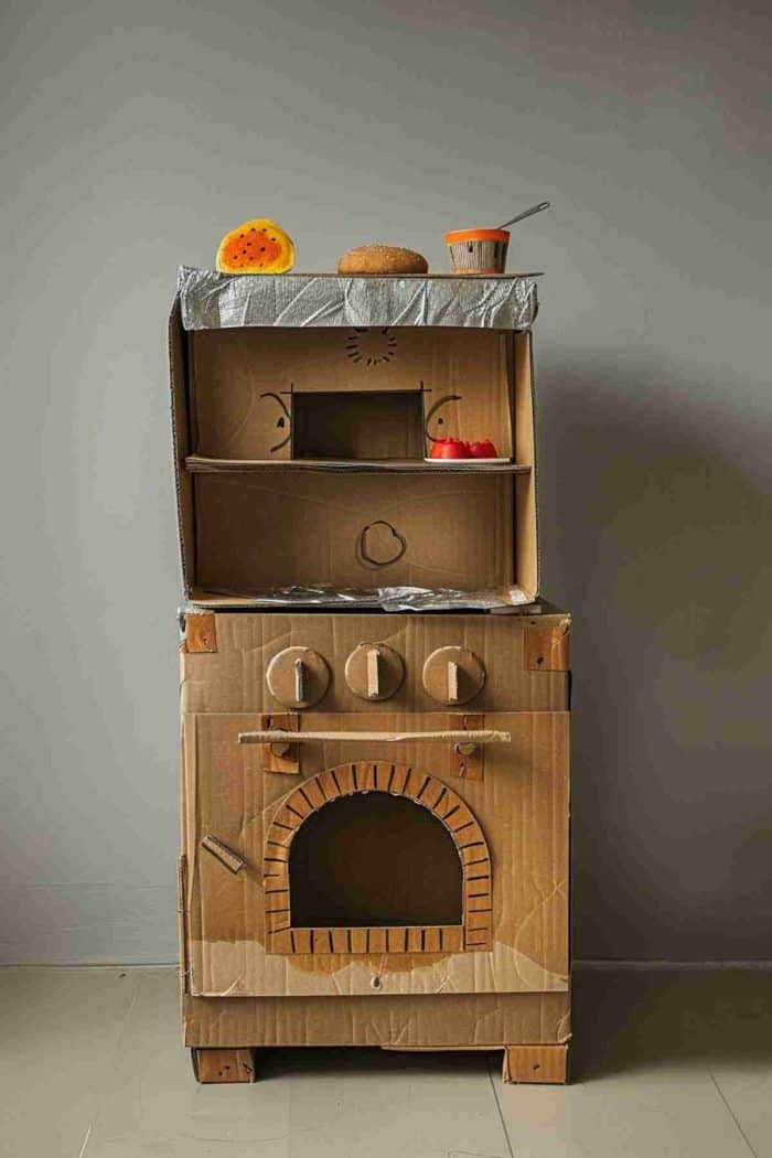 Create a toy oven from cardboard, complete with an opening door and an interior shelf to place play food. Decorate with knobs and dials drawn on the front.