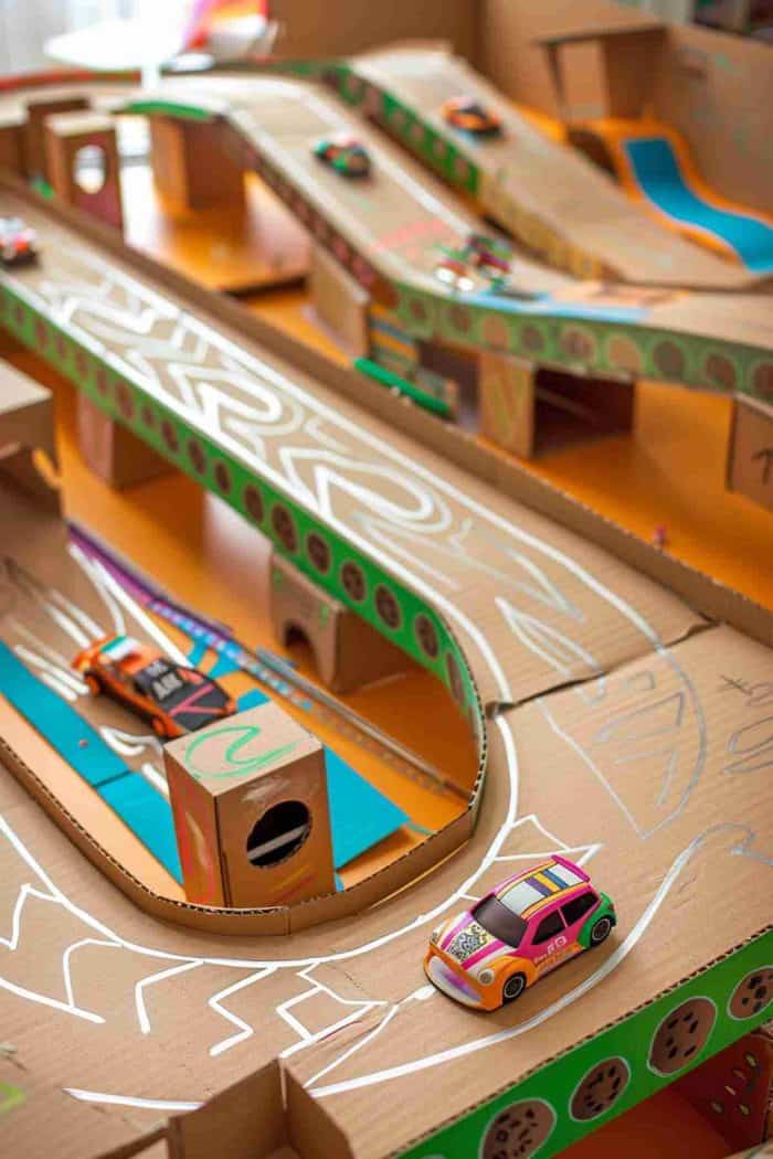 Assemble a dynamic cardboard race track with lanes marked by painted lines and elevated ramps for jumps. 