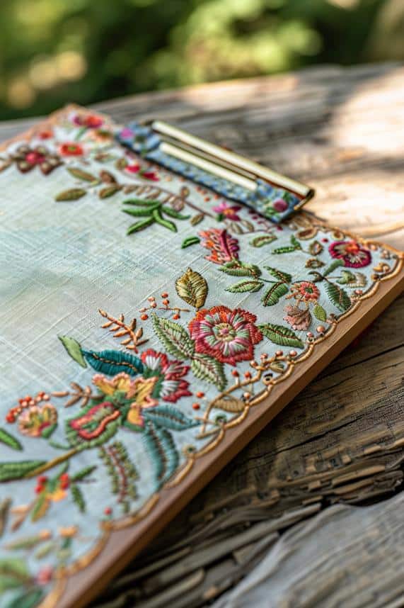 An embroidered edge clipboard brings a handcrafted charm to the workspace, featuring intricate threadwork that frames the board's perimeter.