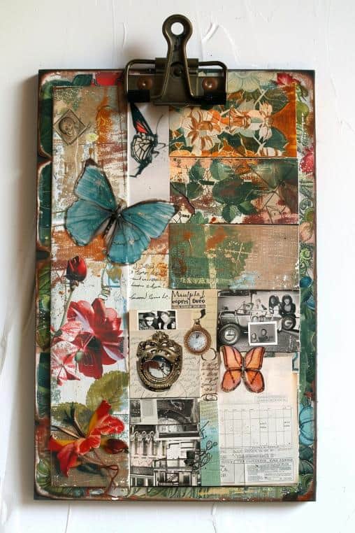 Personalize a clipboard by creating a collage of cherished photos, postcards, and old paper, arranging them in a visually pleasing manner before sealing them under a clear adhesive layer.