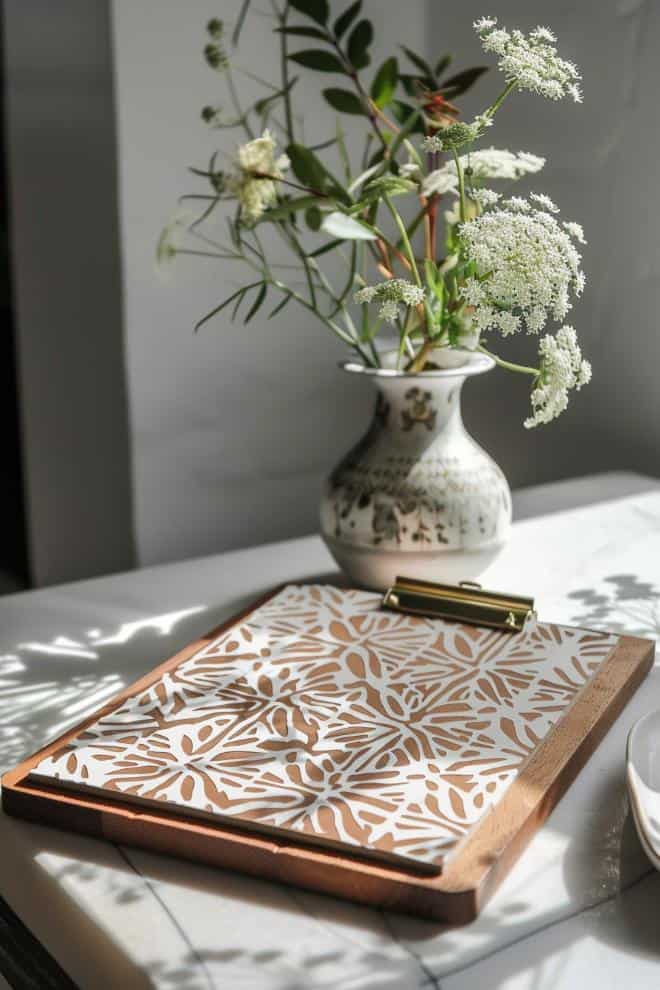 Use stencils to apply a bespoke design onto a clipboard, choosing from a variety of patterns that can range from modern geometric shapes to classic florals.