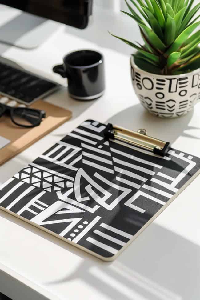 A clipboard adorned with black and white geometric patterns and lines exudes a minimalist yet striking visual impact.