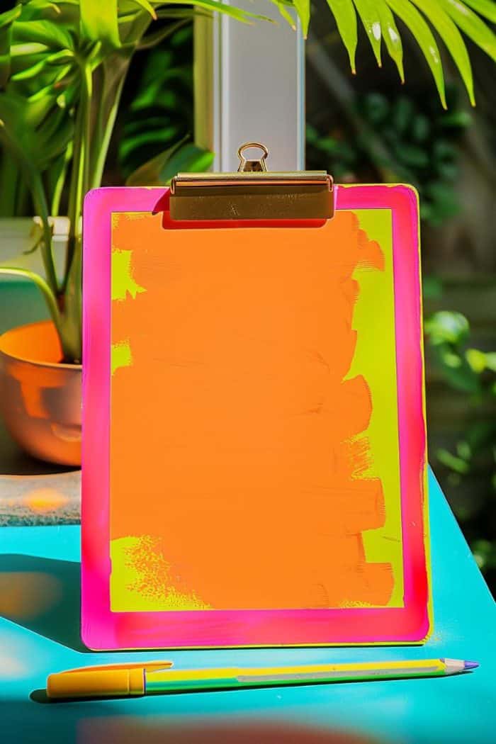 A clipboard with neon colors serves as a vibrant statement piece that instantly brightens a workspace.