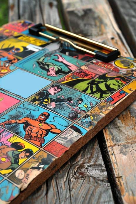 Cover a clipboard with pages from classic comic books, encapsulating the dynamic art and storytelling in a functional form.