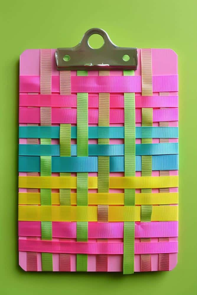 Weave ribbons over the surface of a clipboard to create a richly textured and colorful pattern.