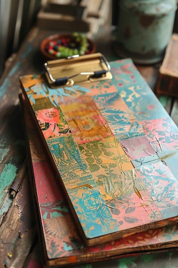 Craft a unique clipboard by adorning it with decorative paper cutouts featuring various patterns.