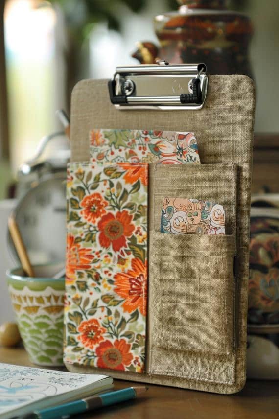 Attach fabric pockets to a clipboard, creating not just a writing surface but also a convenient storage space for small items and notes.