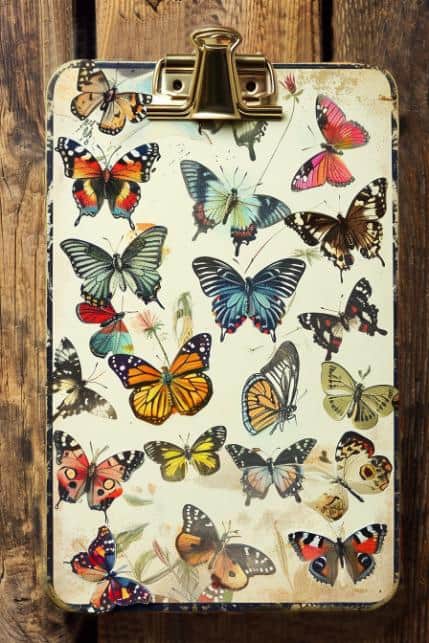 A clipboard becomes a canvas for a flutter of color with an array of butterfly stickers applied across its surface.
