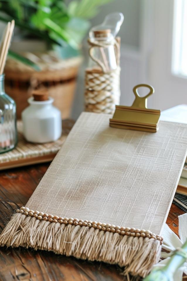Adorn a clipboard with a selection of 3D embellishments such as buttons, beads, or rhinestones to create a tactile and visually engaging piece.