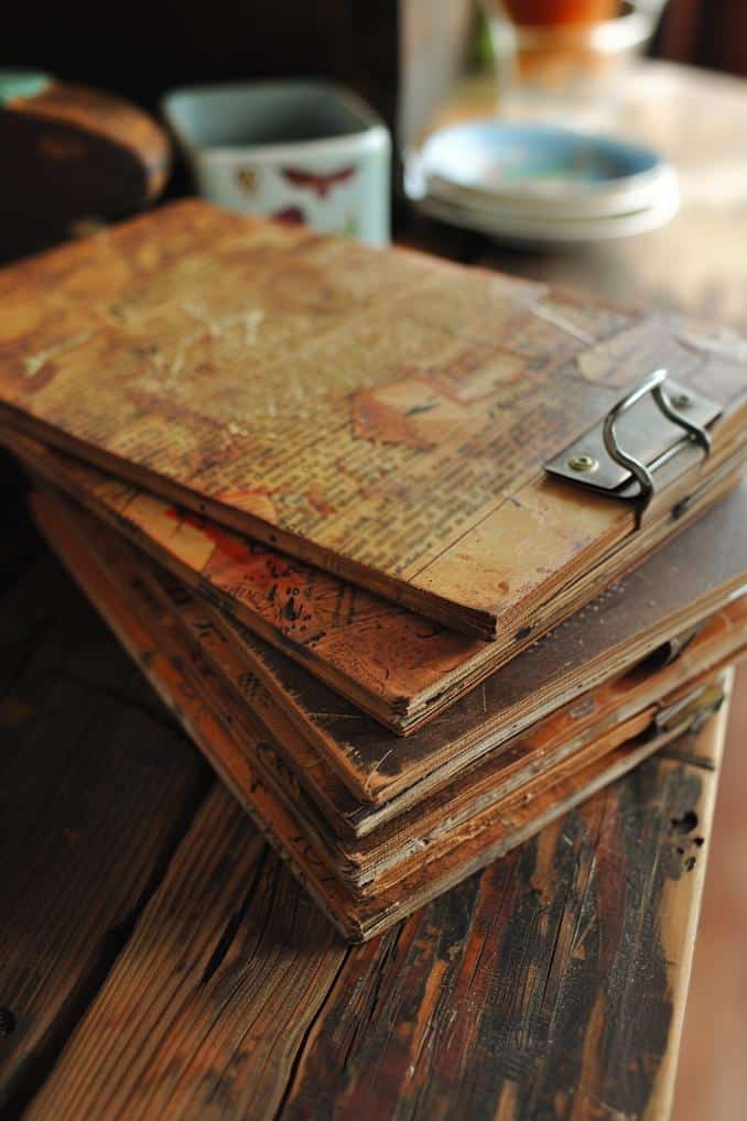 Cover a clipboard with pages from old books, choosing text with a vintage font or interesting illustrations.