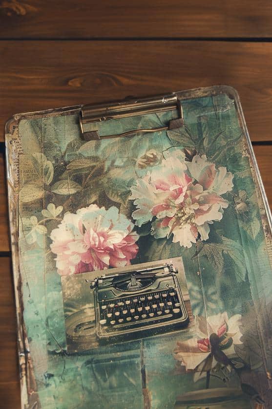 A clipboard adorned with vintage photos and paper with floral print serves as a tool for note-taking and as a conversation piece.