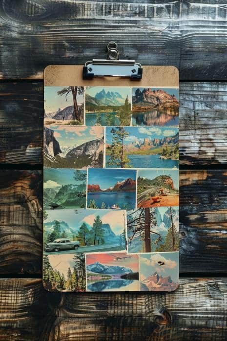 Decorate a clipboard with a collection of vintage postcards and postage stamps, arranging them in a collage that tells a story or simply pleases the eye.