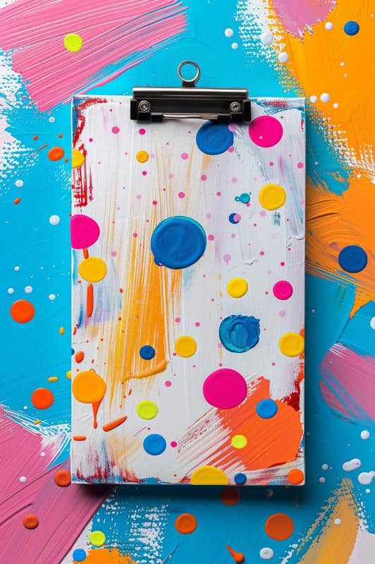 Brighten a clipboard by painting it white and adding hand-painted polka dots, using a brush to create evenly spaced and vibrant circles.