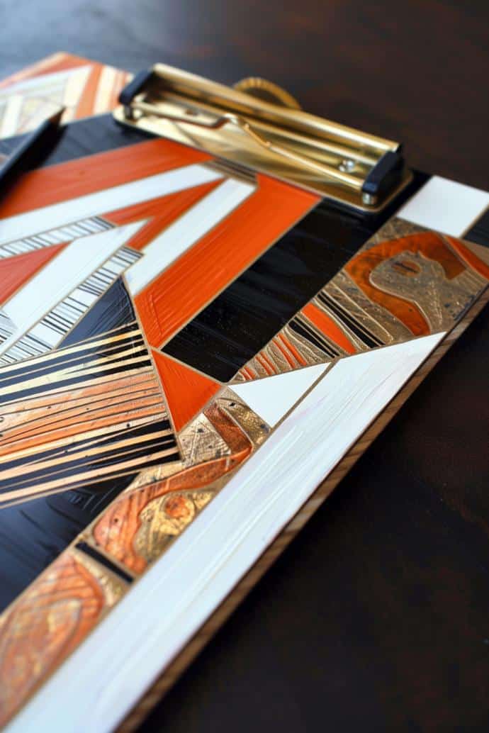 An Art Deco style clipboard features bold, geometric patterns and lavish ornamentation characteristic of the 1920s aesthetic.