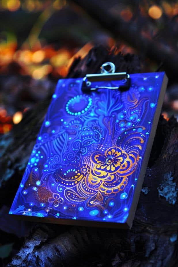 A clipboard painted with glow-in-the-dark paint becomes a functional item in low-light conditions, offering a subtle luminosity that's both practical and whimsical.