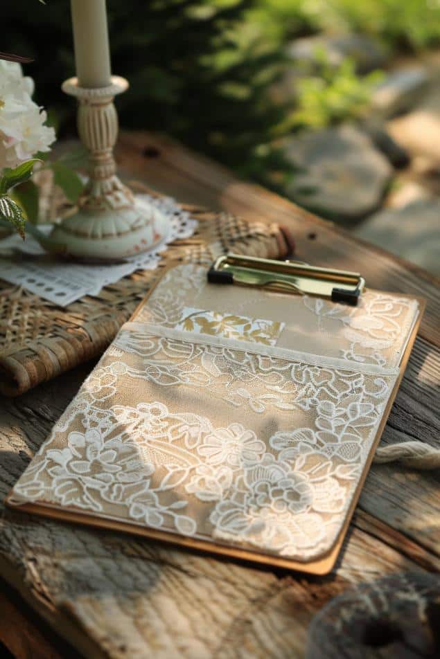 A clipboard featuring a pocket made from vintage lace combines practicality with the delicate charm of yesteryear.