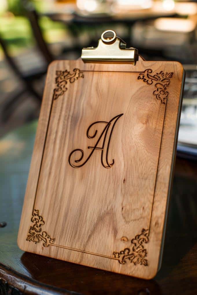 Personalize a clipboard with a custom monogram, intricately designed to reflect individual style.