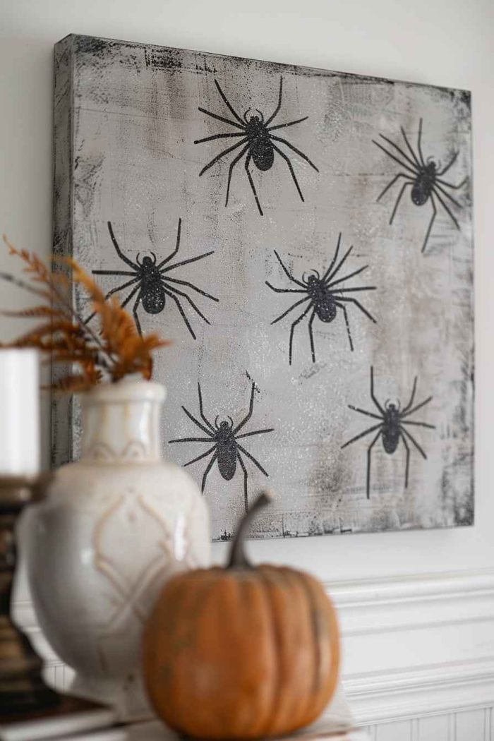 Tiny spider silhouettes creep around this distressed gray canvas. Each one is created with black paint and brightened up with a slight dusting of glitter, which makes them subtly sparkle.