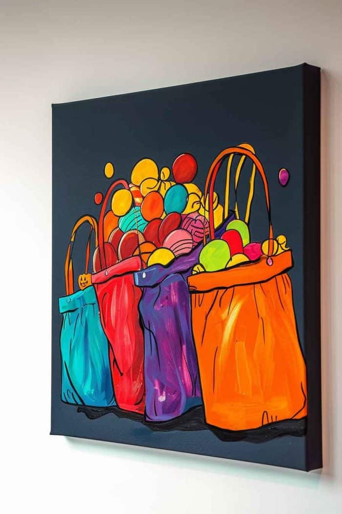 Lean into the fun of Halloween night by painting colorful trick-or-treat bags brimming with candy! Simple touches like small candies bursting out from the bag can make the final result look extra delightful.