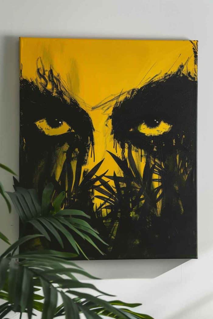 A painting of a creepy set of eyes peeking out from dark bushes creates an air of mystery. To make it look truly eerie, paint the irises black and pupils bright yellow.