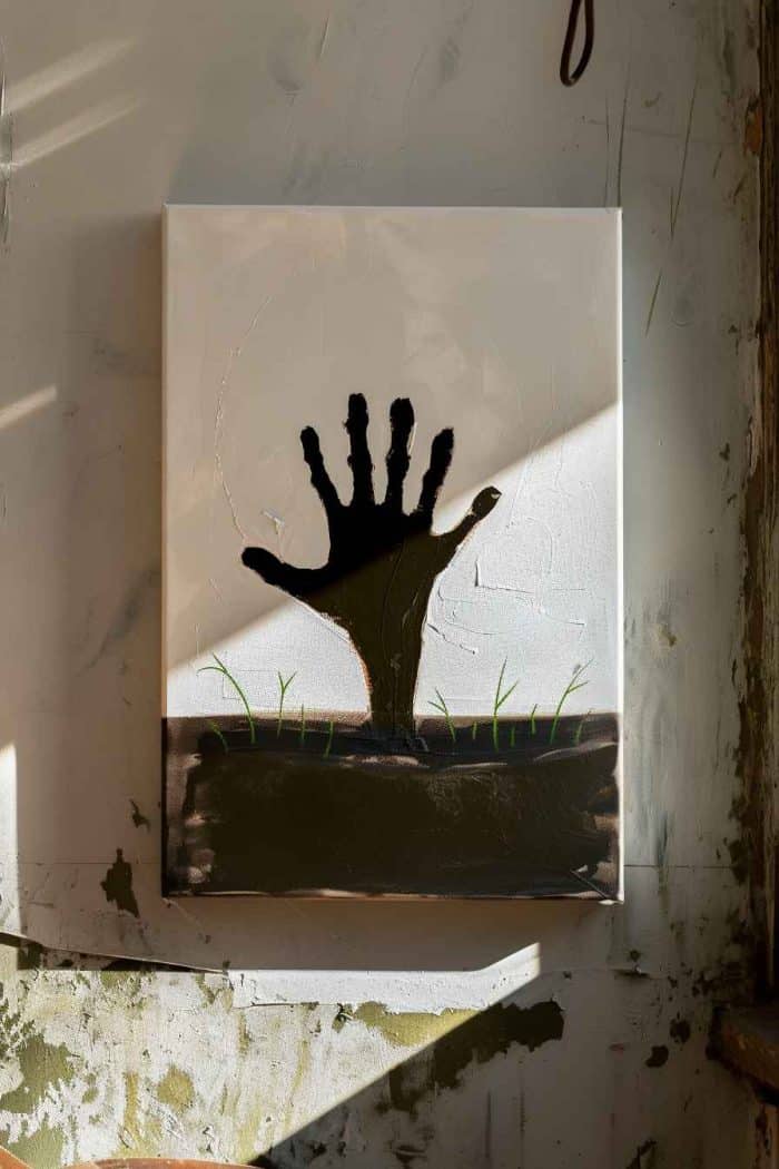 A hand coming out of the ground is among the easiest Halloween symbols to paint — even if you’re a painting novice. Amp up the haunting effect by using a white background that highlights the frightening look of the hand silhouette.