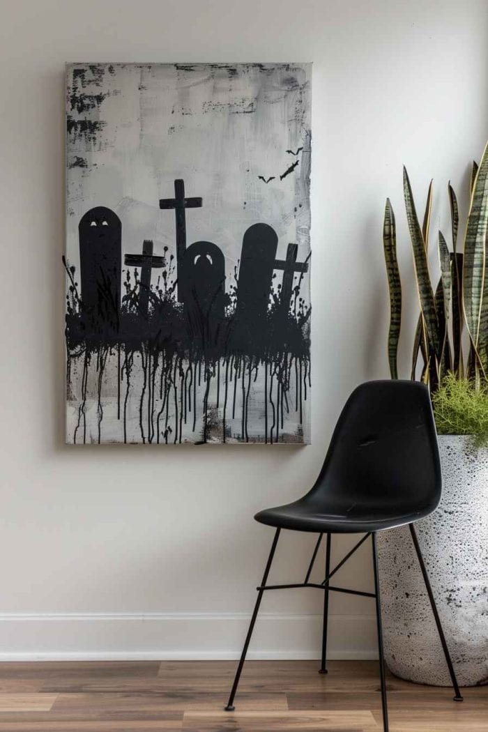 There’s no need to stick to painting Halloween symbols. You can also create a simple Halloween scene by painting an eerie graveyard scene with fear-inducing tombstone and dripping black paint.