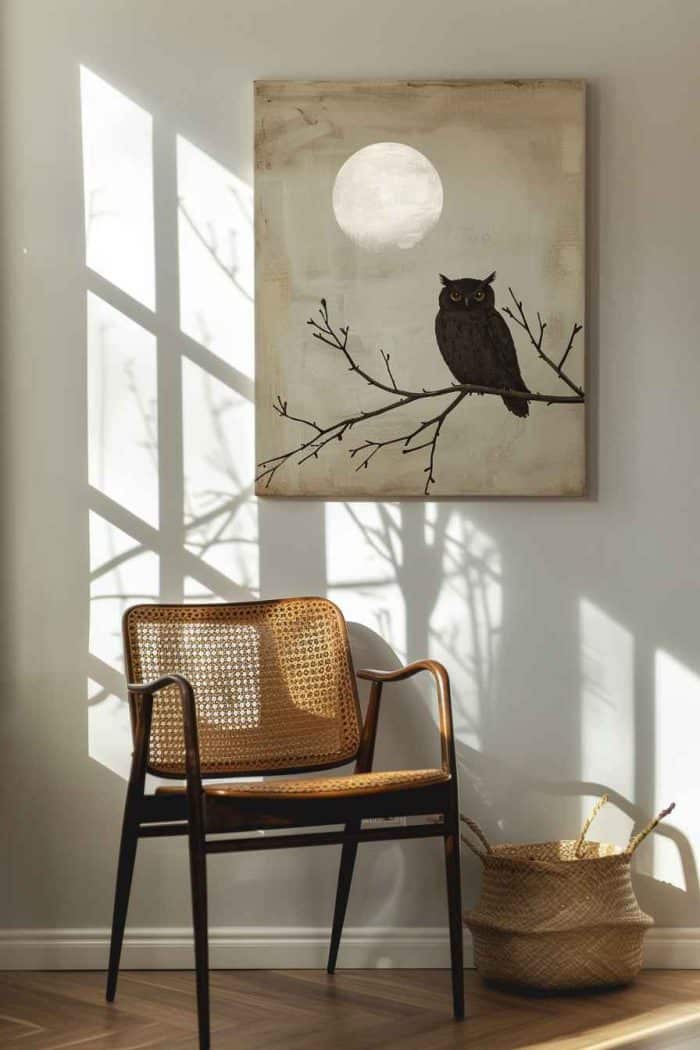 A wise owl perched on a branch — bathed in the glow of moonlight — is easy to paint and ideal for showing off the enchantment of the season. Black paint can be used for the owl, while a mix of brown and white is perfect for the backdrop.