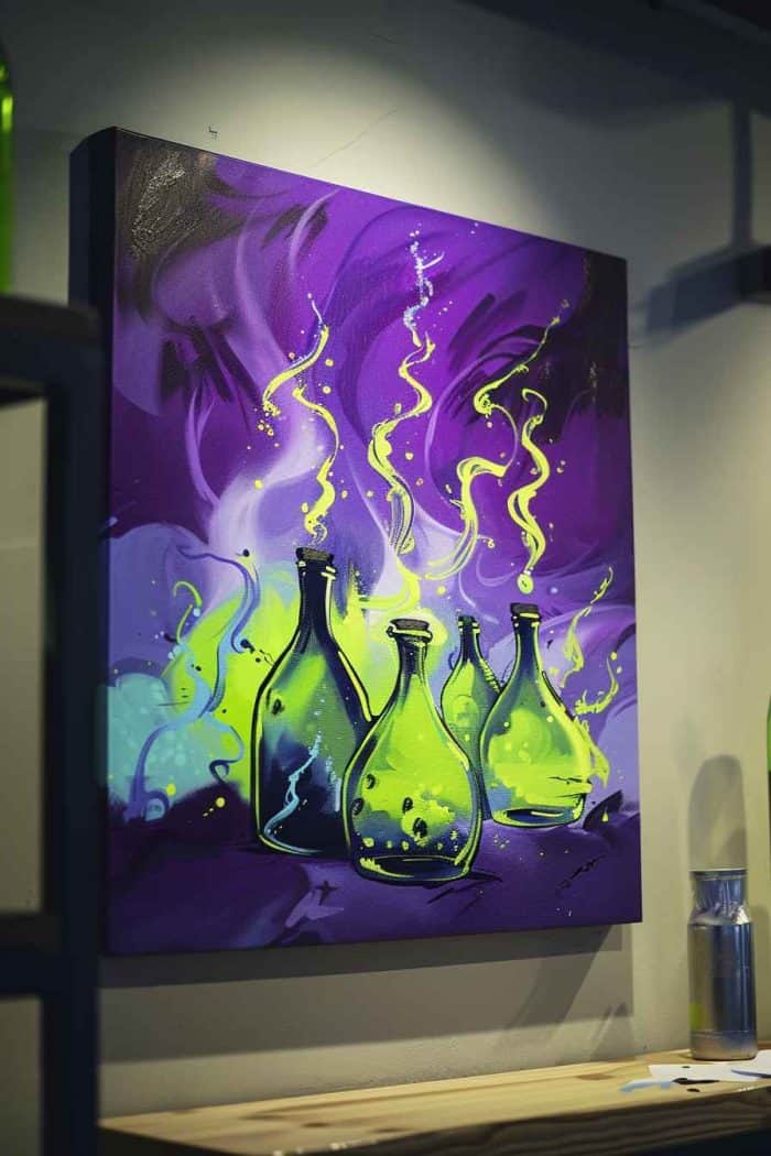 Vibrant and spellbinding, a painting of magical potion bottles with a palette of greens, purples, and blues creates an aura of mystery. Of course, the artwork wouldn’t be complete without a few fun and magical details like swirls or bubbles.