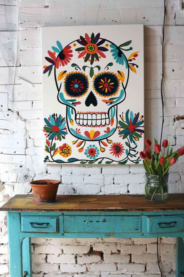 For an easy and beautiful way to honor a rich cultural tradition, paint festive Day of the Dead skulls with simple floral designs! Tip: The vibrant colors of the patterns and black lines of the skulls will look even more distinctive on a white canvas.