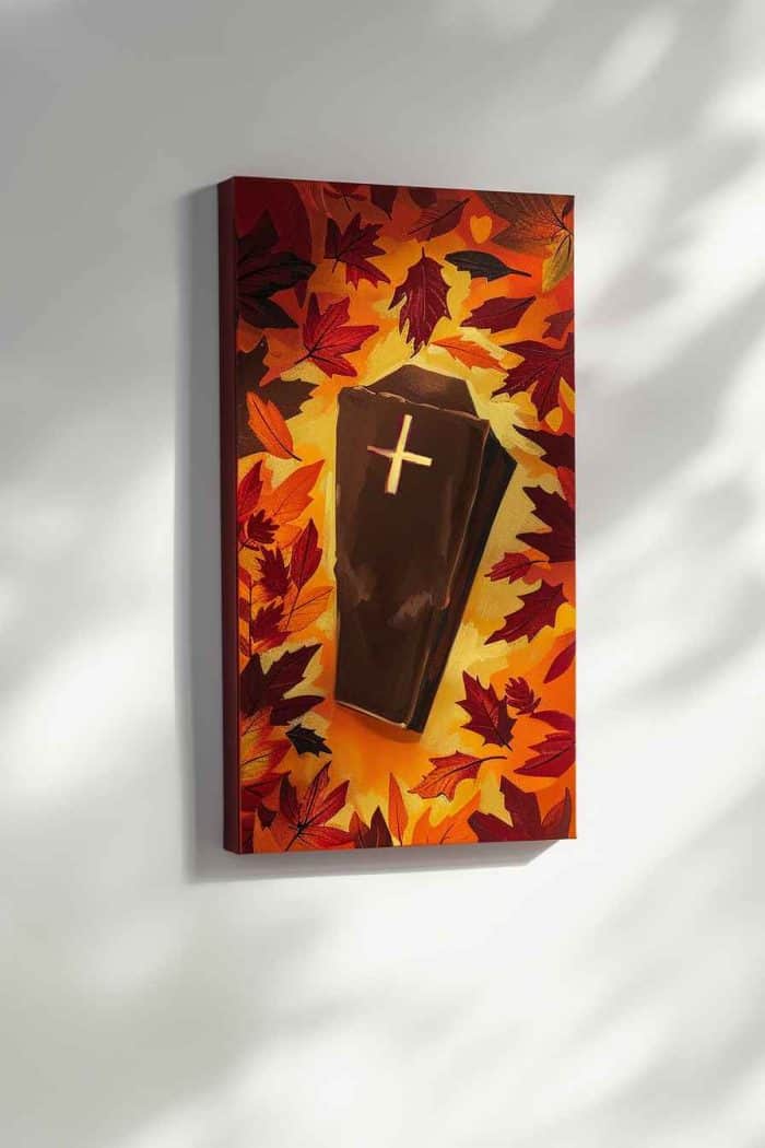 Want a Halloween- and fall-themed artwork? Paint a brown coffin in the midst of a bed of vibrant red, orange, and yellow autumn leaves, blending the spooky with the seasonal. Your artwork can be the centerpiece of your autumn decor!