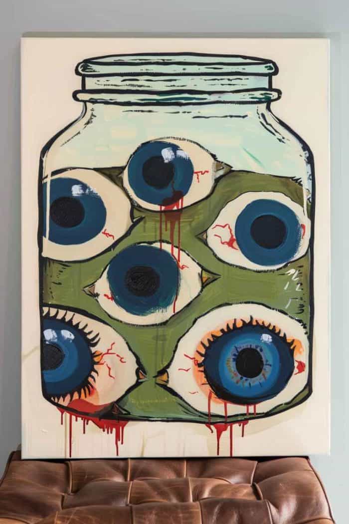 Seeing this painting of a jar of creepy eyeballs — with white irises, blue pupils, and red veins — is enough to send a chill down anyone’s spine! Plus, it’s super easy to recreate since it has straightforward shapes and elements.