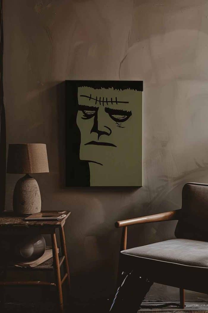 Don’t worry; you don’t need advanced art skills to paint Frankenstein’s face! You can simply use green paint for the base and black paint for his eyes, nose, mouth, and the stitches all over his skin.