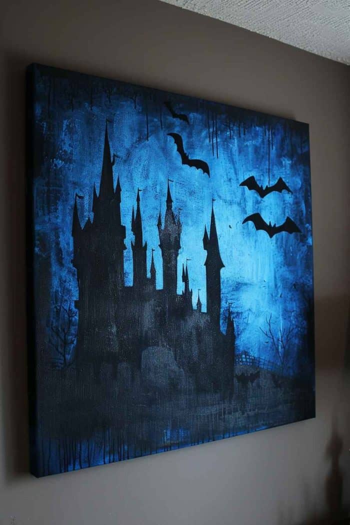 For a classic Halloween scene, paint a spooky castle with bats flying around it. Use black paint to depict the bats and give the castle an ominous and ancient look, then go for deep blue paint to capture the mystique of the night sky.