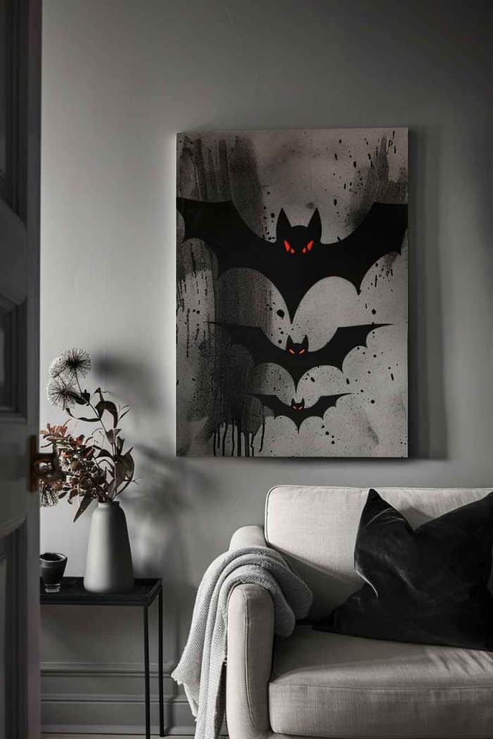 Make your own version of this painting by starting with a simple outline of bat wings and bodies in deep black. Then paint small but striking red eyes to intensify their menacing look.