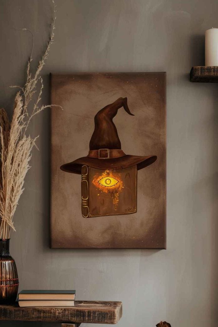 If you want to portray the mystical side of Halloween, painting an ancient brown spell book with a witch’s hat on top is perfect for you. Making the eye glow with gold paint can make the book appear enchanted, fitting the Halloween theme perfectly.