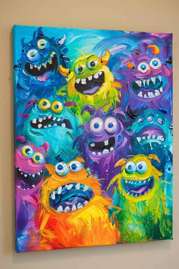 Perfect for a group painting session, this painting features creating friendly monsters in a spectrum of bright colors — blues, purples, greens, and oranges.