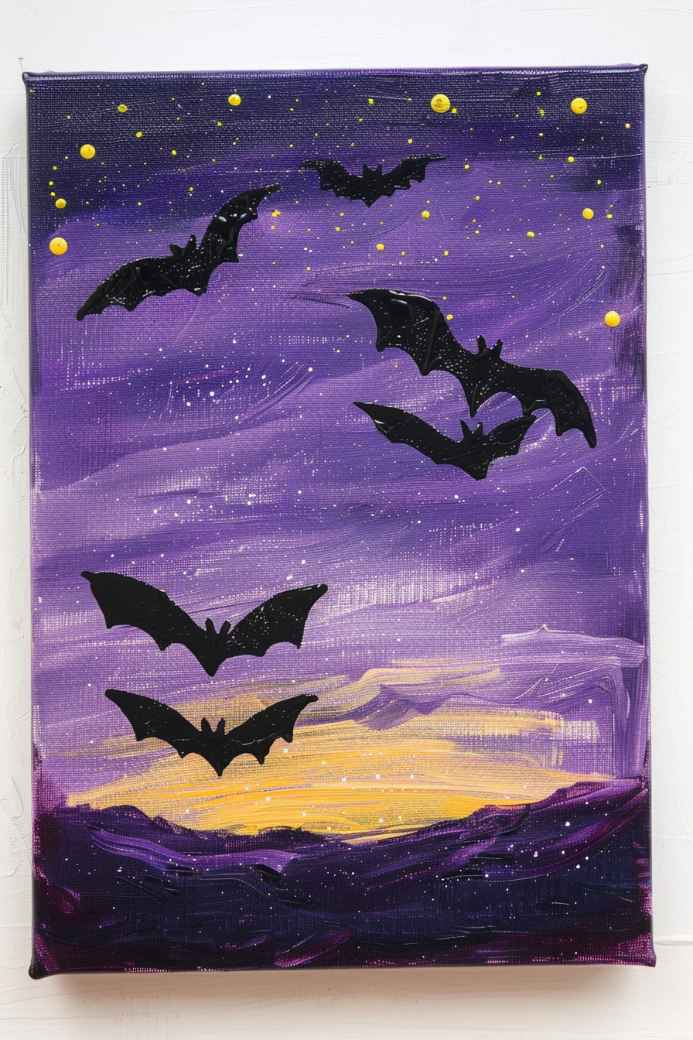 To recreate this easy painting of bats flitting across a dark night sky, begin by using purple and yellow paint colors for the night sky and black paint colors to outline the bats. Don’t forget to enhance the scene with tiny stars!