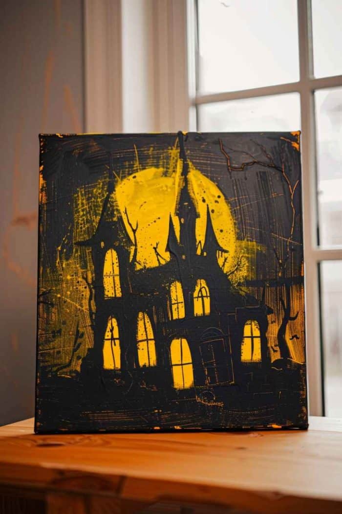 If you want to incorporate bright hues into your Halloween painting, try this easy idea! It’s a simple rendition of a haunted mansion with windows painted bright yellow for a sense of mystery and foreboding that seems to beckon all to enter.